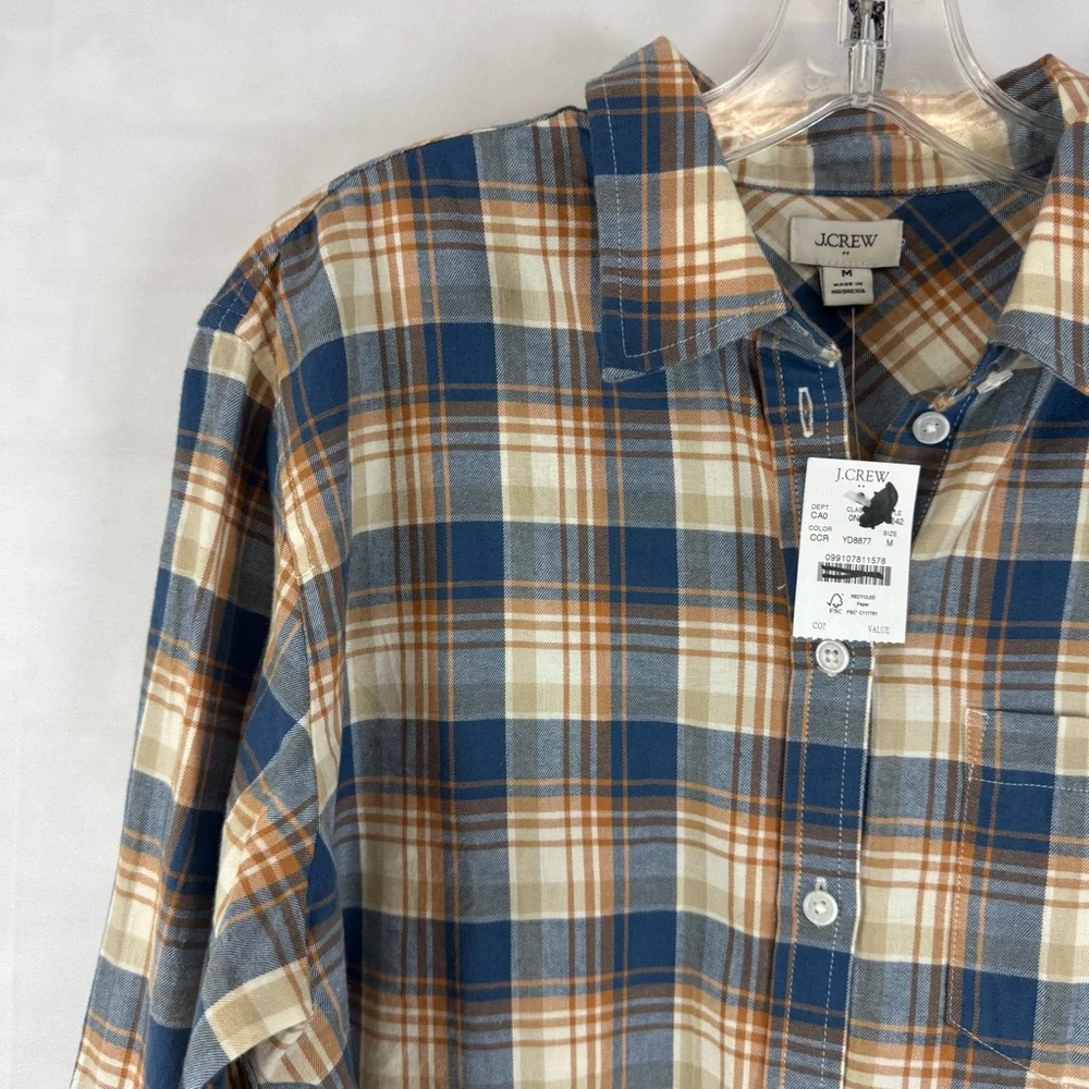 J.Crew Plaid Button Down Shirt Medium Blue Tan‎ Flannel Long Sleeve NWT